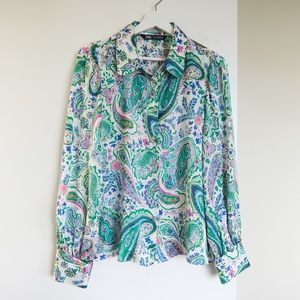 ZARA Satin Effect Button Up Paisley Print Long Sleeve Blouse Green/Blue/Pink